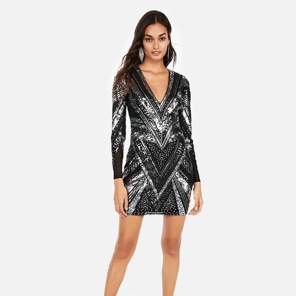 Express | Dresses | Black And Silver Patterned Sequin Mini Dress | Poshmark Express | Dresses | Black And Silver Patterned Sequin Mini Dress | Poshmark